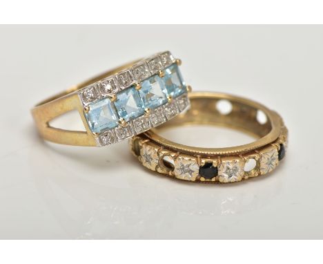 TWO 9CT GOLD GEM SET DRESS RINGS, the first centring on a row of four square cut light blue topaz, between two rows of single