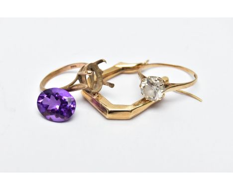 TWO 9CT GOLD RINGS AND A SINGLE EARRING, the first ring designed with a claw set, circular cut colourless cubic zirconia, pin