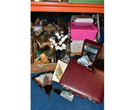 TWO BOXES AND LOOSE METALWARES, LAMPS, STORAGE BOXES AND SUNDRY ITEMS, to include a modern glass bodied lamp base (requires r