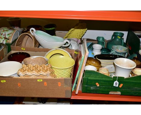 THREE BOXES OF SYLVAC CERAMICS AND FALCON WARE, to include over twenty planters, vases and dishes, a gold coloured 'Pyramid' 