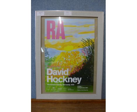 A Royal Academy mini poster, David Hockney, The Arrival of Spring, Normandy 2020, framed 