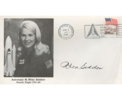 Margaret Rhea Seddon Signed First Day Cover. The cover depicts a portrait image of Seddon and commemorates Space Shuttle flig