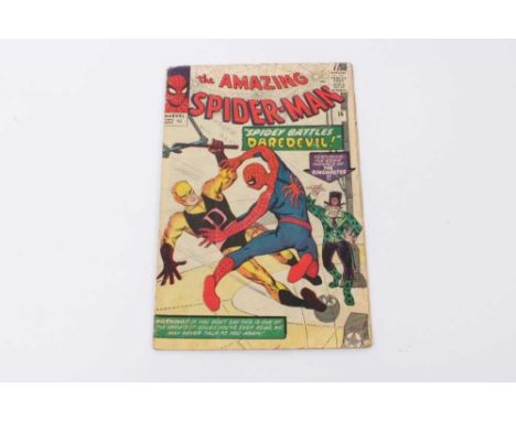 The Amazing Spider-Man #16 1964, Daredevil first crossover wearing he's original Yellow and black costume. Priced 9d