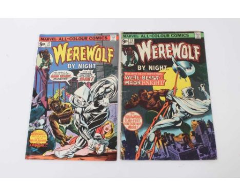 1975 Bronze Age Werewolf By Night #32 and #33, first appearance of Moon Knight. UK Variant, Priced 9p