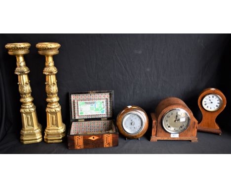 Boxes and Objects - an early 20th century balloon clock; a mid 20th century mantel clock; a parquetry work box; an oak circul
