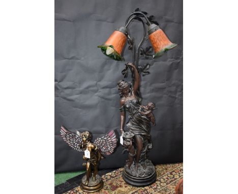 A cast figural table lamp, as a classical maiden, 96cm high; another (2)