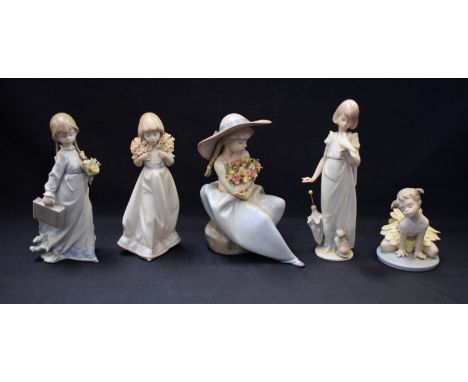 A Lladro ceramic figure, Oopsy Daisy, 06691, boxed; others, Fragrant Bouquet, School Days, Spring Bouquets, etc (5)