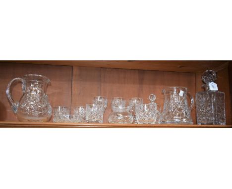 Glassware - a Webb Corbett crystal decanter and stopper; drinking glasses; Doulton crystal jug; etc