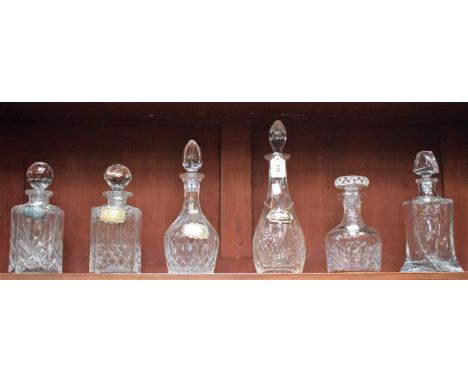 Cut glass decanters, various shapes; silver whisky and sherry decanter labels; etc