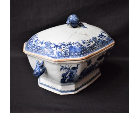 A Chinese canted rectangular tureen and cover, decorated in underglaze blue, with fence, birds in flight and pine trees, Rabb