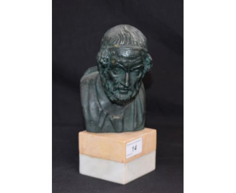 Grand Tour School, after the antique, a verdigris patinated portrait bust, Homer, marble base, 21cm high overall