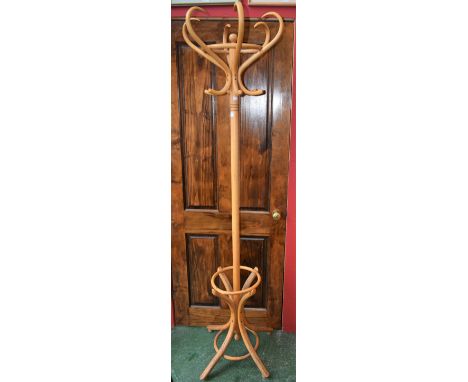 A 20th century bentwood coat stand, six shaped hooks, cylindrical column with turned finial, splayed feet, 195cm high