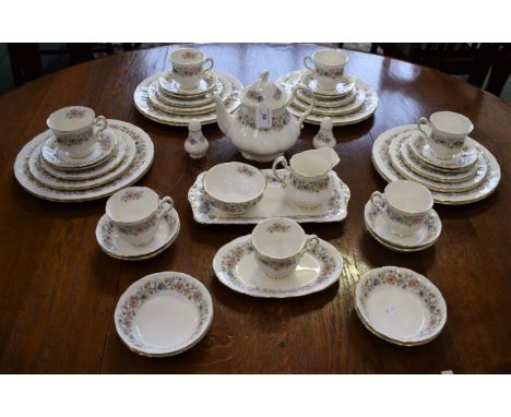 A Paragon Meadow Vale pattern dinner and tea service, including dinner and side plates, bowls, platter, teapot, cups and sauc