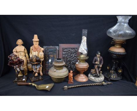 A brass oil lamp, marked Hinks's Duplex No 2; another, electric; etc; Treen; fire irons; etc