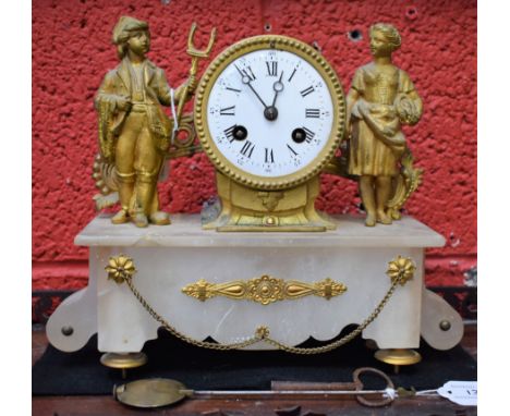 A Louis XVI Revival mantel clock, the 7.5cm dial flanked by two young farmhands, 27.5cm wide