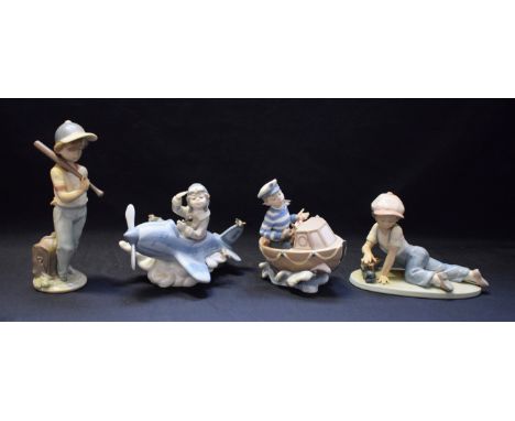 A Lladro ceramic figure, Over the Clouds, 5697; others, Little Skipper, All Aboard, Can I Play (4)