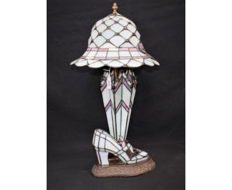 A stained glass Art Deco style table lamp, hat, shoe and umbrella 