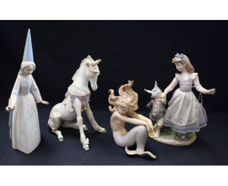 A Lladro ceramic figure group, Alice In Wonderland, 5740; others, Unicorn, Fairy Godmother, Illusion Mermaid (4)