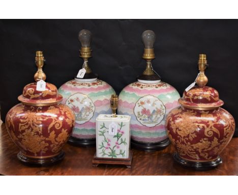 A large pair of Oriental ceramic table lamps; another pair similar; a rectangular table lamp (5)