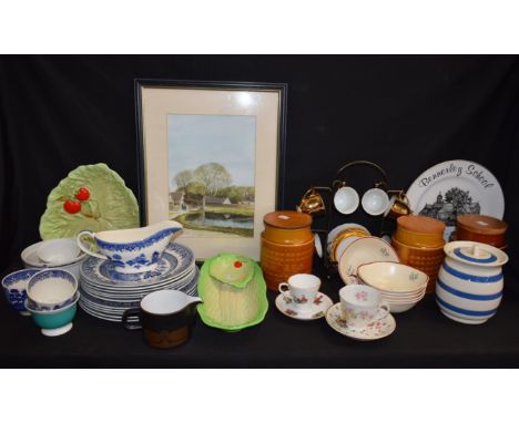 Ceramics - a matched set of Old Willow blue and white tableware including, dinner plates, side plates, bowls, serving dishes,