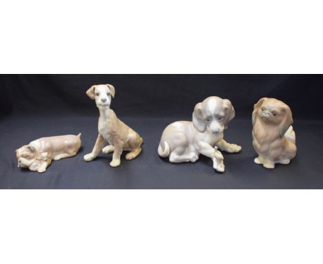 A Lladro ceramic model of a dog and kitten, Unlikely Friends, 06417, boxed; others, Pekingese, Setter, New Friend (4)