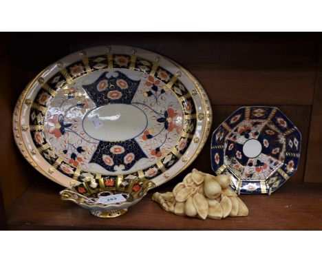 A Royal Crown Derby 1128 pattern Imari footed shaped oval trinket dish/comport; an Imari palette plate and bowl; a porcelain 