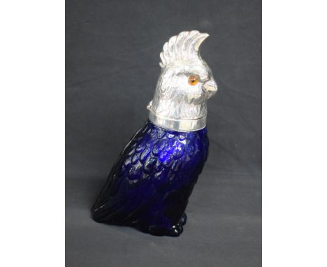 A contemporary novelty plated and blue glass decanter, in the form of a Parrot, 25.5cm high (modern) 