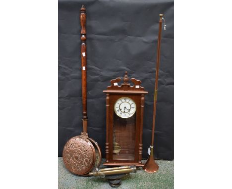 A 19th century copper warming pan, pierced decoration, fruitwood handle; a brass and copper hunting horn; a modern Vienna sty