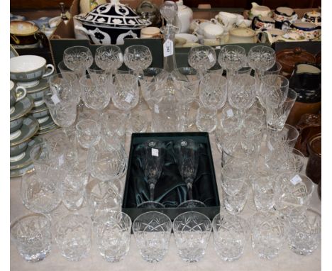 Glassware - a pair of Thomas Webb champagne flutes, boxed; other cut glass stemware; a cut glass decanter, tumblers, etc