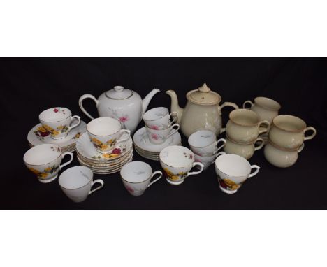A Denby Daybreak pattern teapot, five cups and saucers; a German KPM part coffee set for six; a Staffordshire floral pattern 