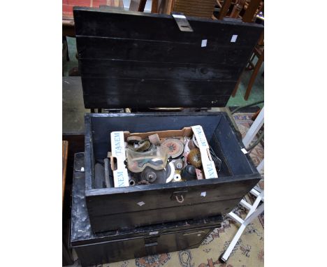 A painted tin trunk, flat top, approx 68cm wide; a painted wooden tool box, approx 61cm wide; contents including Bosch sander