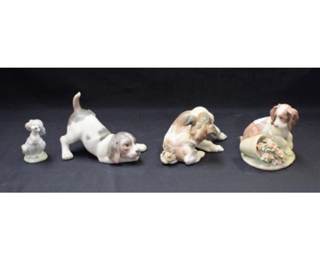 A Lladro ceramic model of a puppy, It Wasn't Me, 07672, boxed; others, A Friend For Life, Gentle Surprise, Playful Puppy