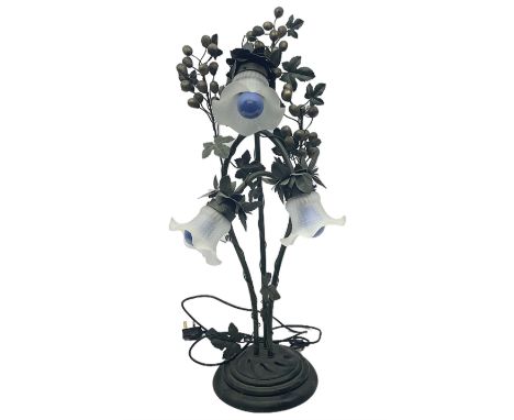 Large table lamp, formed as grapes and vines with three frosted glass lamp shades, H80cm