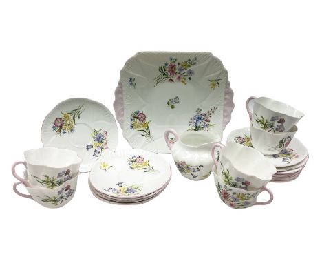 Shelley wild flowers pattern tea wares, comprising six cups and saucers, six dessert plates, one milk jug and sandwich plate