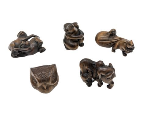 Five netsuke, modelled as two monkeys, rats, buffalo with monkey, owl and rabbit