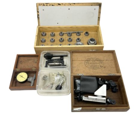 A lathe cross slide, lathe collets and collet holder, clock dial gauge, milling spindle for fly and multitooth cutters, with 