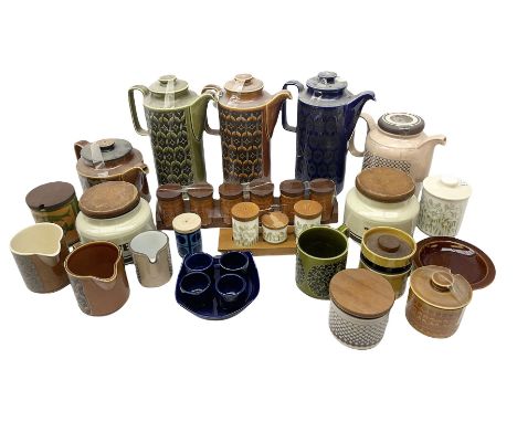 Hornsea pottery tea wares and kitchenalia, to include saffron pattern spice pots in a wooden rack, coral pattern coffee pot a