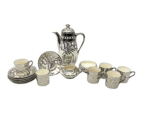 Early 20th century Gray's Pottery silver lustre coffee set for six, comprising coffee pot, coffee cans and saucers, open sucr