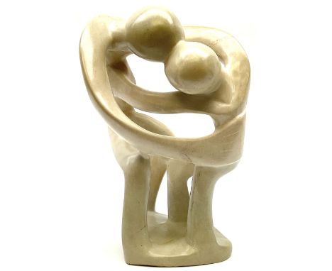 Contemporary soapstone abstract sculpture of two people, H35cm