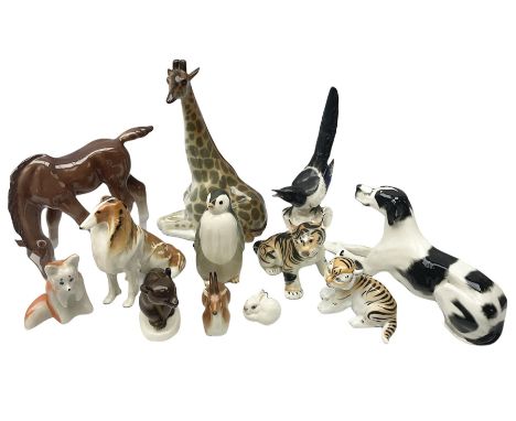 Group of USSR ceramic animals, to include a recumbent pointer dog, giraffe, fox, magpie, rough collie etc, all stamped beneat