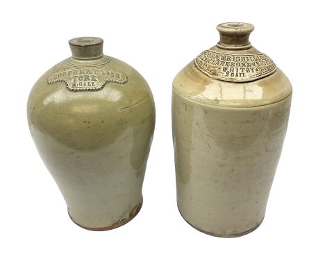 Two large 19th century stoneware bottles or flagons, the first example of baluster form detailed 'Cooper &amp; Close York 2 G