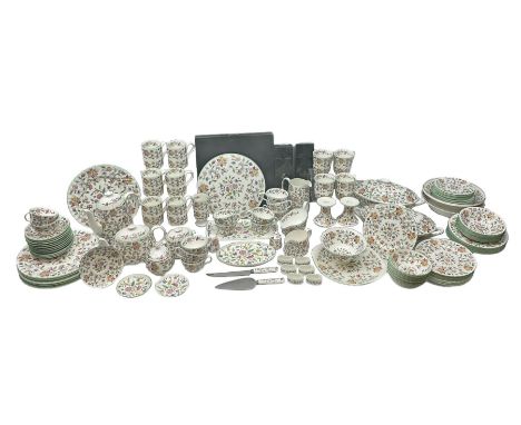 Minton Haddon Hall pattern tea and dinner wares, including basket dish, two covered tureens, six dinner plates, eight dessert