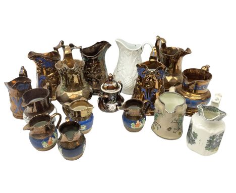 Victorian bargeware teapot with floral and bird decoration, together with Victorian jugs including copper lustre jugs of vari