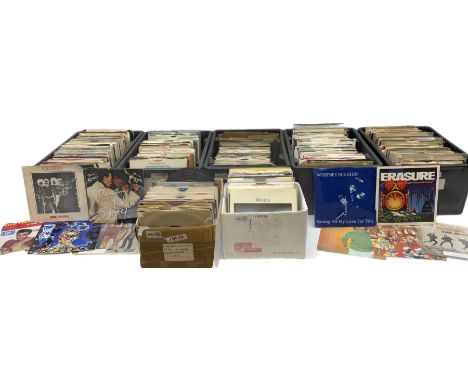 Seven boxes containing approximately eight hundred 45rpm singles, juke box singles and EPs, 1960s - 1990s including Beatles, 