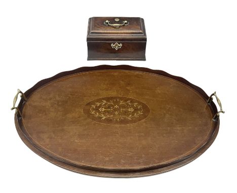 Edwardian inlaid mahogany tea tray, of oval form with shaped gallery and twin brass handles, L62.5cm, together with a George 