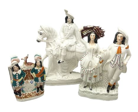 Staffordshire figures comprising one example modelled as a hunter on horseback with a stag draped  across the base of the nec