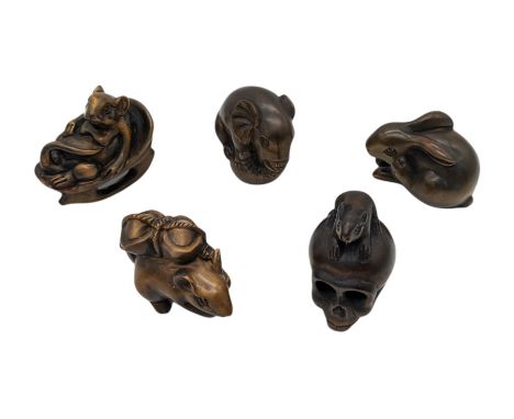 Five netsuke, modelled as rats, a rabbit and an elephant
