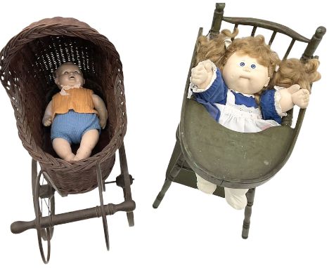 Green painted metamorphic high chair, wicker pram and two dolls including a Cabbage Patch doll