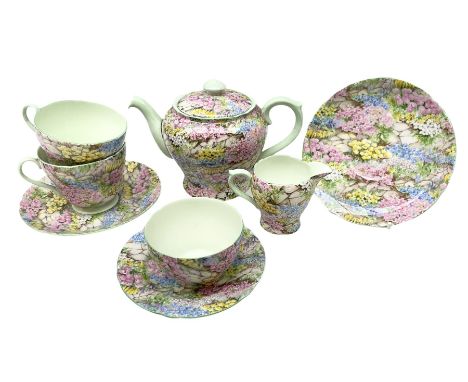 Shelley early morning tea set for two in the 'Rock Garden' pattern No.13454 comprising tea pot and cover, two cups and saucer