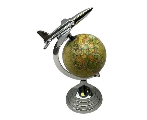 Art Deco style world globe with chrome aeroplane finial and mounts, H31cm